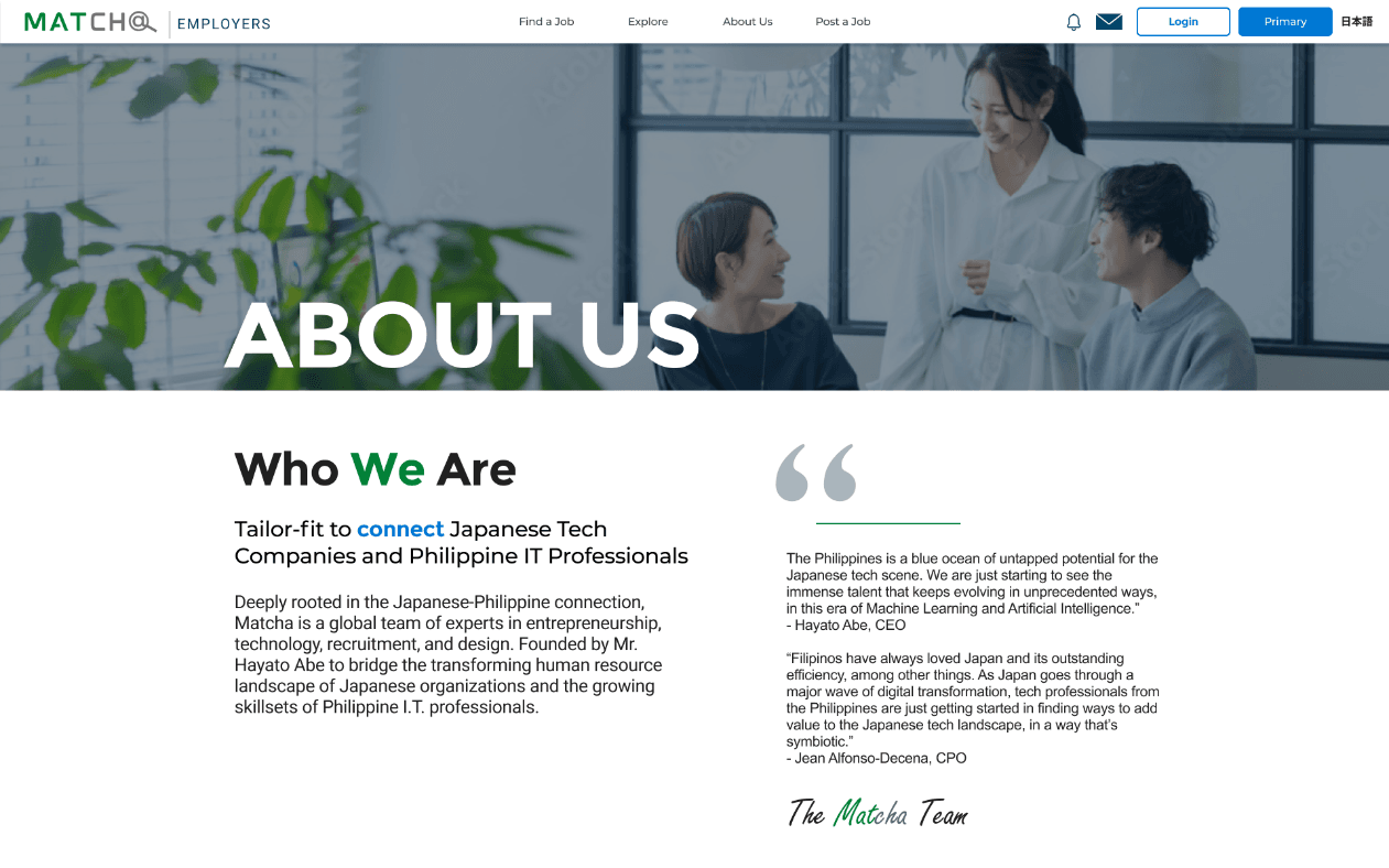 The About us page, with the leadership team and a short bio for each person.