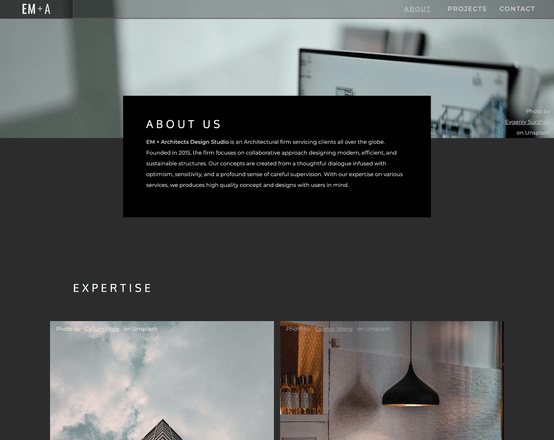 The top of the About page: an "About us" text box over a photo.
