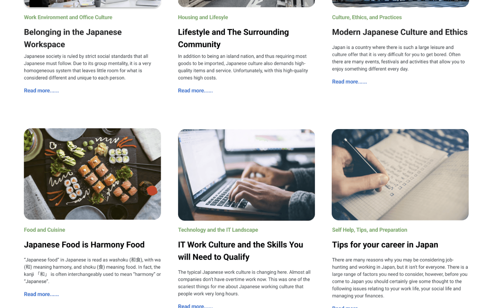 Life in Japan articles in a grid, each with a photo, its topic, a title and a short preview.