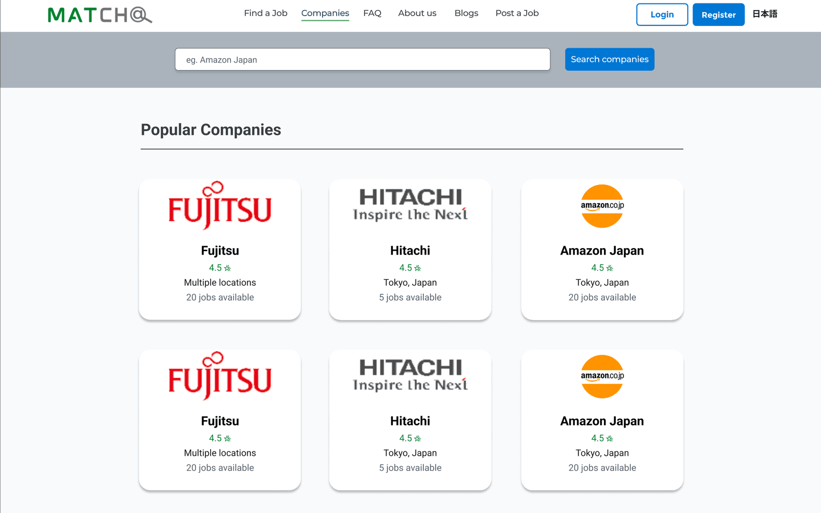 The companies page: a search bar and a grid of popular companies, each with its rating, location and number of open jobs.