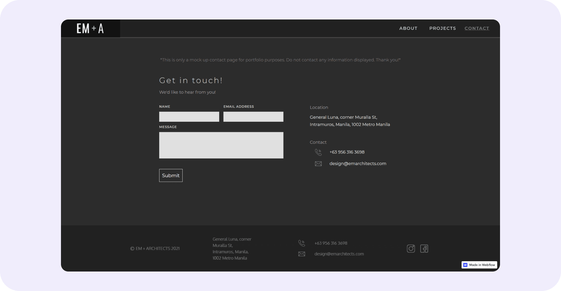 The Contact page: a note that it is a mock-up page, a form with name, email address and message, and the office location and contact details beside it.
