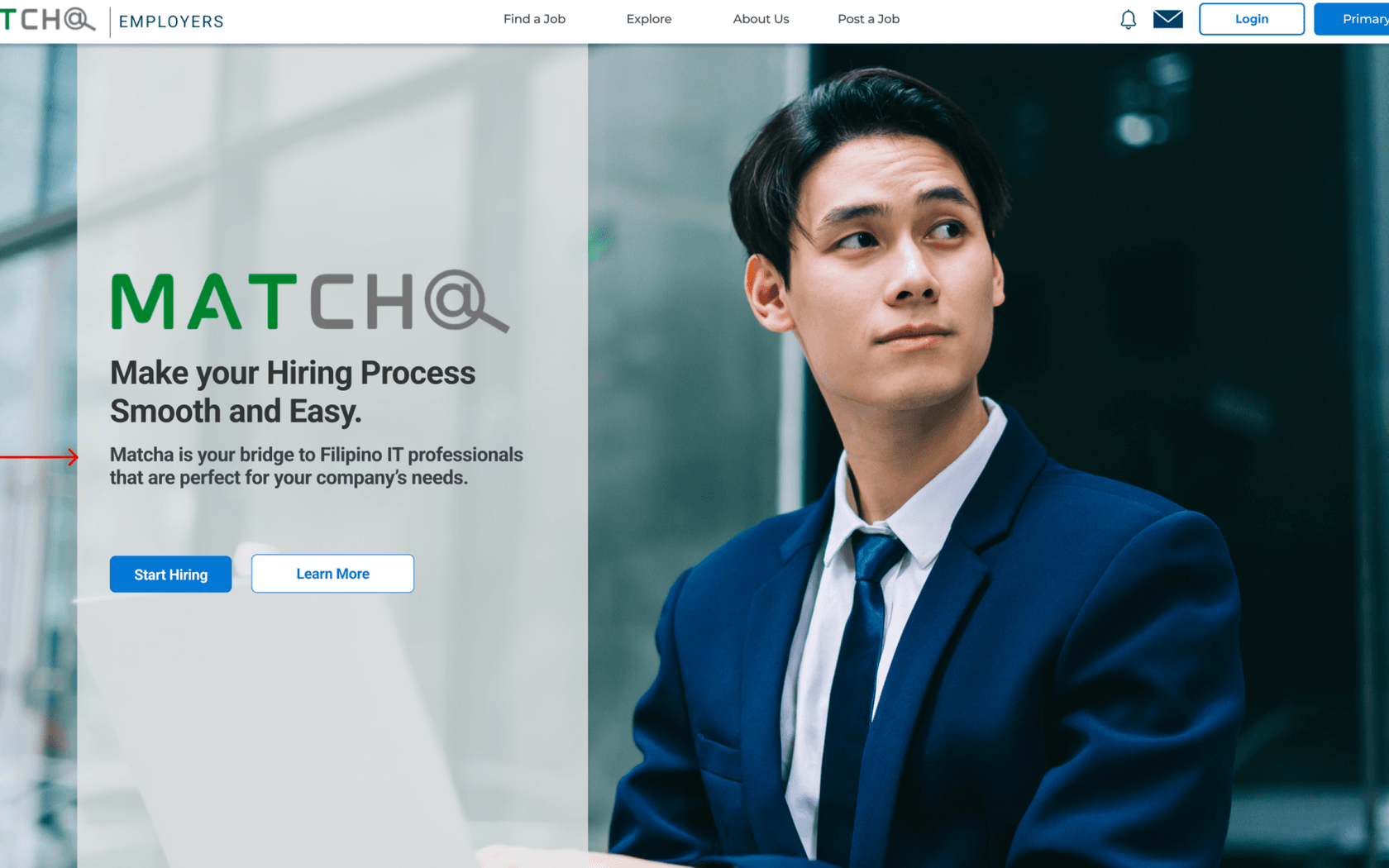 The employer landing page, with its own headline for companies and a Start Hiring button.