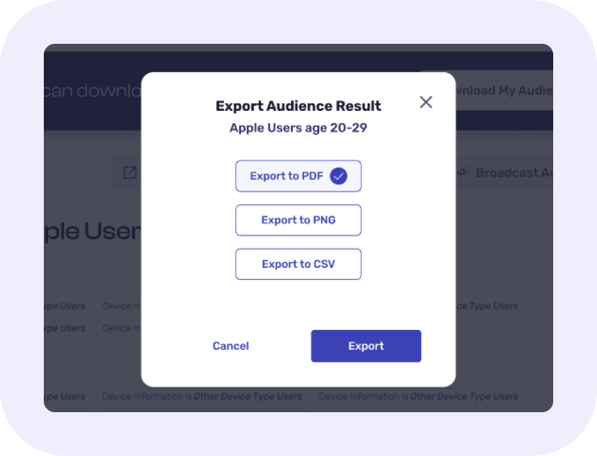 The Export Audience Result dialog for 'Apple Users age 20-29', with three options: Export to PDF, Export to PNG and Export to CSV.