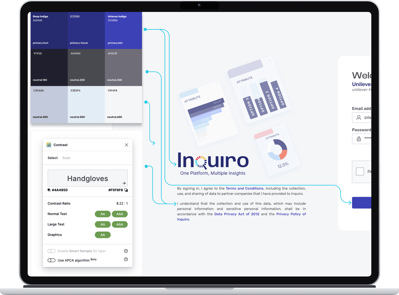 Inquiro color palette and contrast check on a laptop