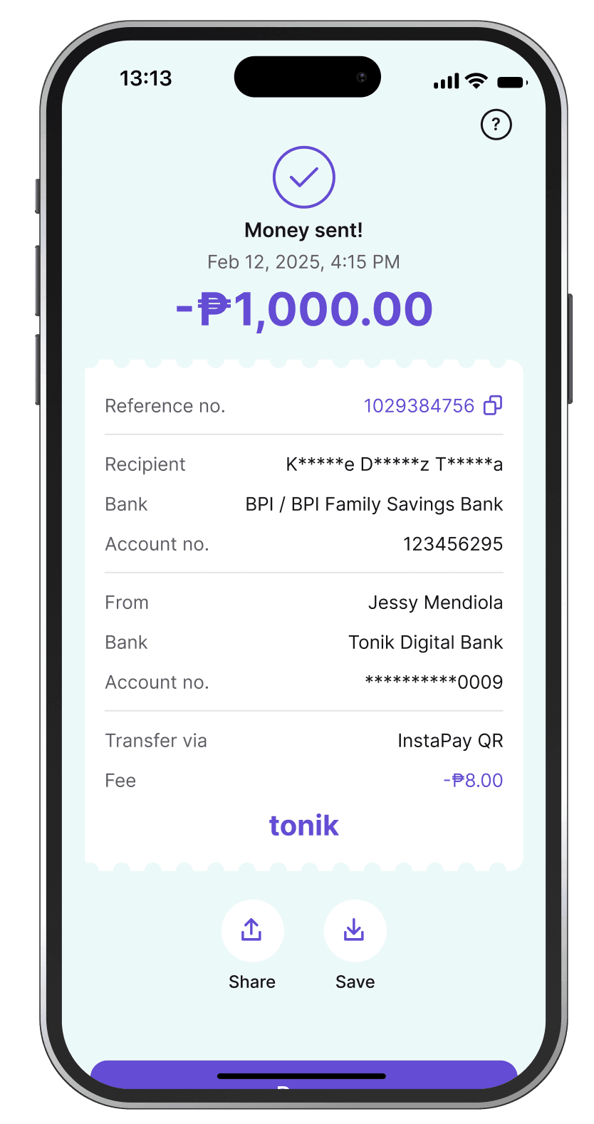 Payment receipt screen in the Tonik app