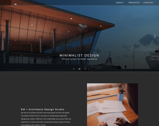 The top of the home page: the hero slider with a render, then the start of the studio intro with a photo.