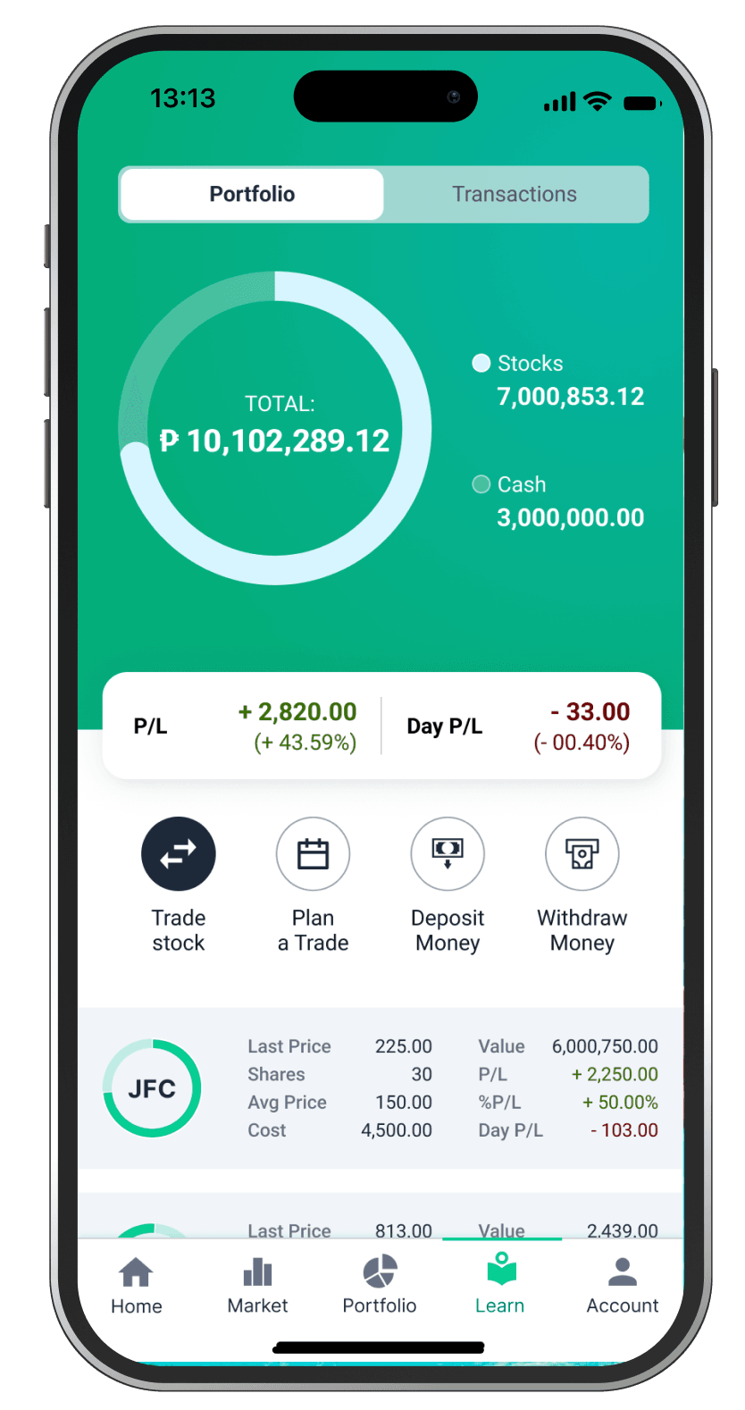 Inveswift portfolio screen on a phone