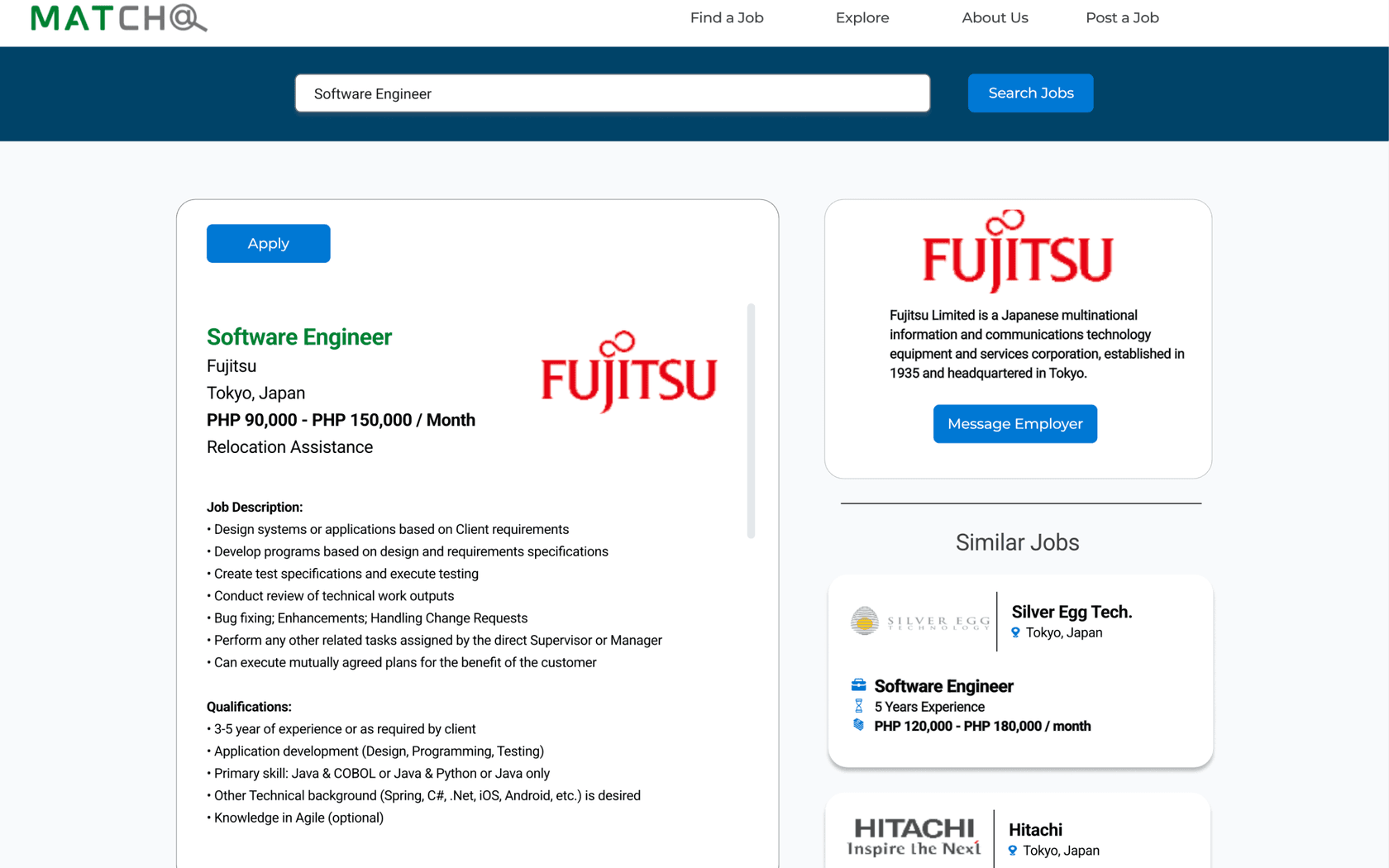 The job details page for a Software Engineer role at Fujitsu in Tokyo, with the salary and relocation help at the top, and the company card and similar jobs on the right.
