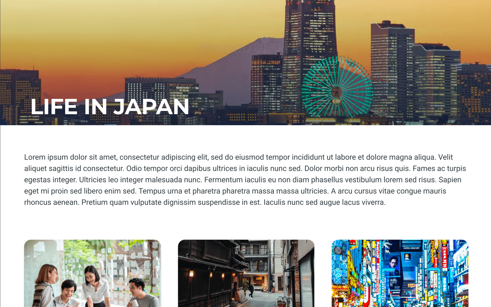 The Life in Japan section page, with a Tokyo skyline banner and a short introduction above the articles.