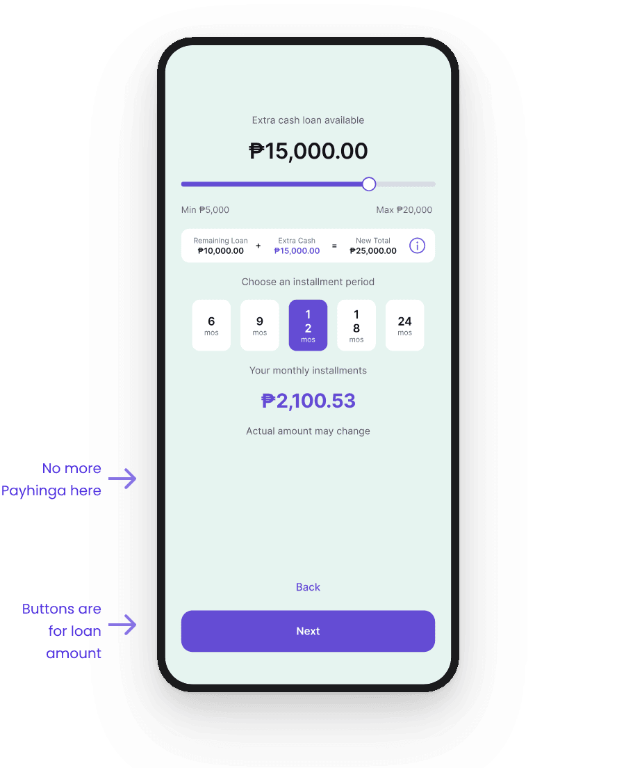 New loan amount screen without PayHinga, with only Back and Next buttons.