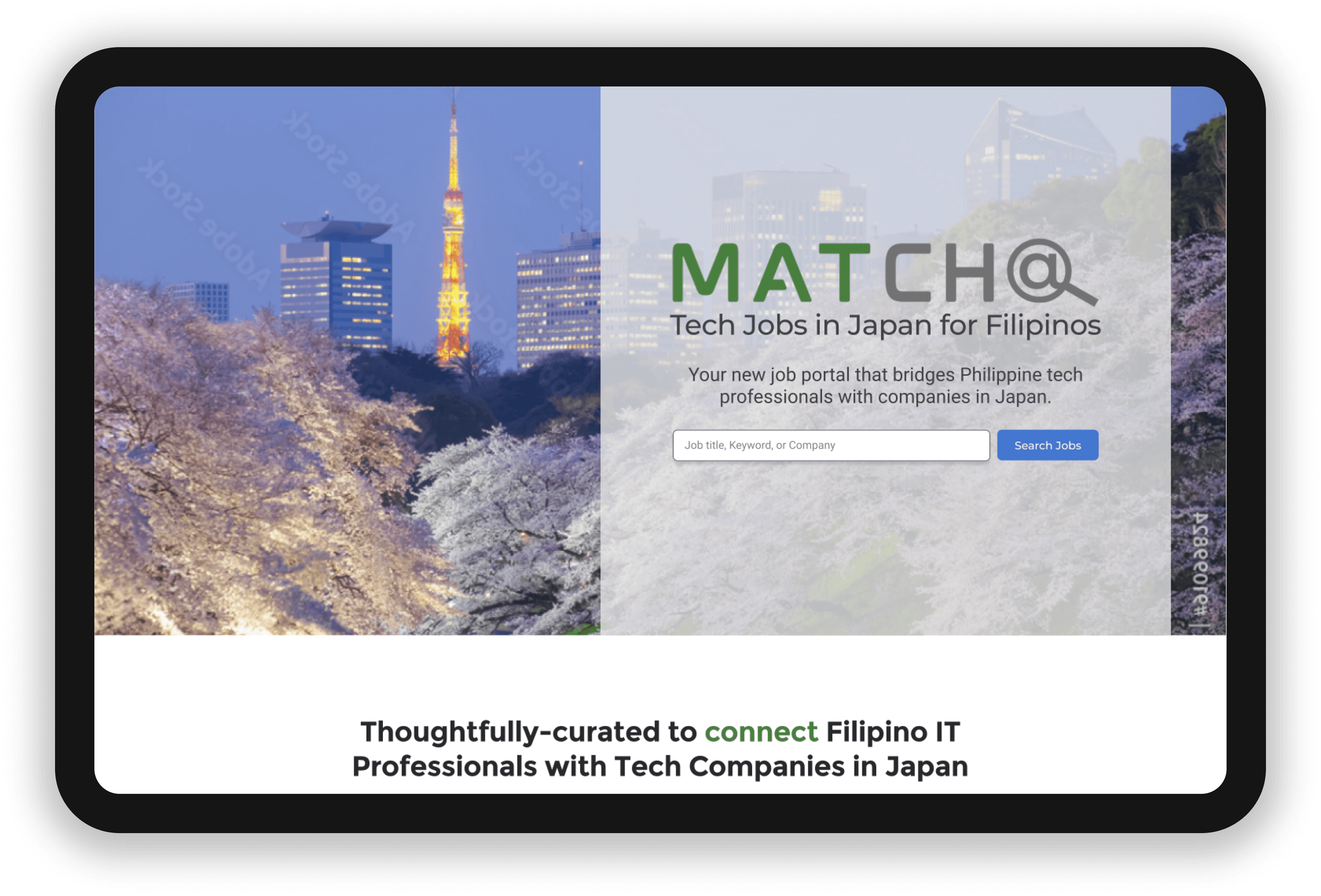 Matcha Jobs website on a tablet
