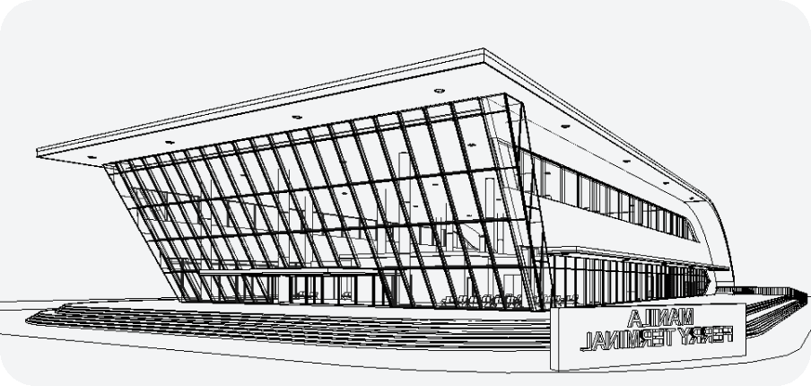 A black and white 3D model of the Manila Ferry Terminal.