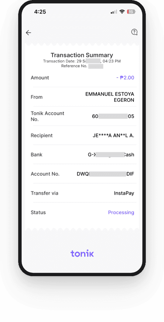 The old InstaPay history page, 'Transaction Summary', with eight rows in a receipt-style card, including bank, transfer channel, and status.