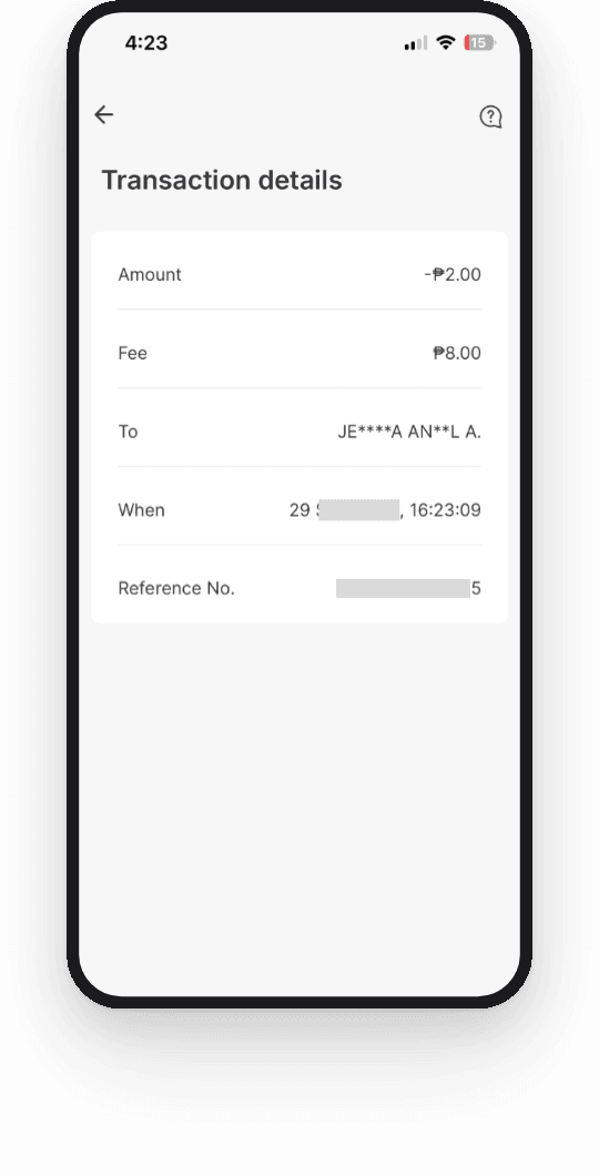 The old InstaPay receipt, 'Transaction details', with five rows: amount, fee, to, when, and reference number.