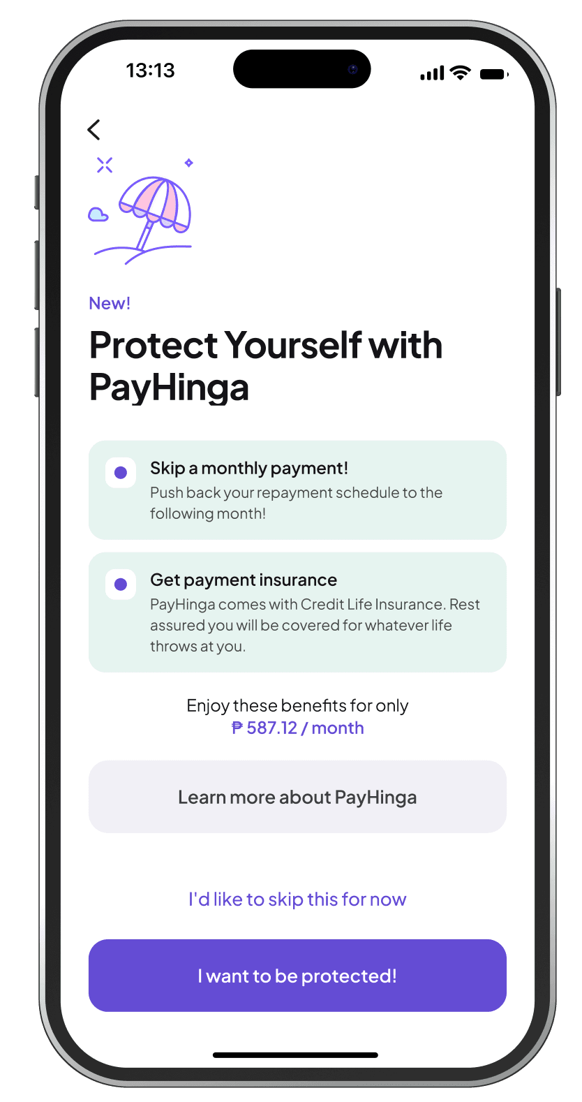 PayHinga add-on screen in the Tonik app