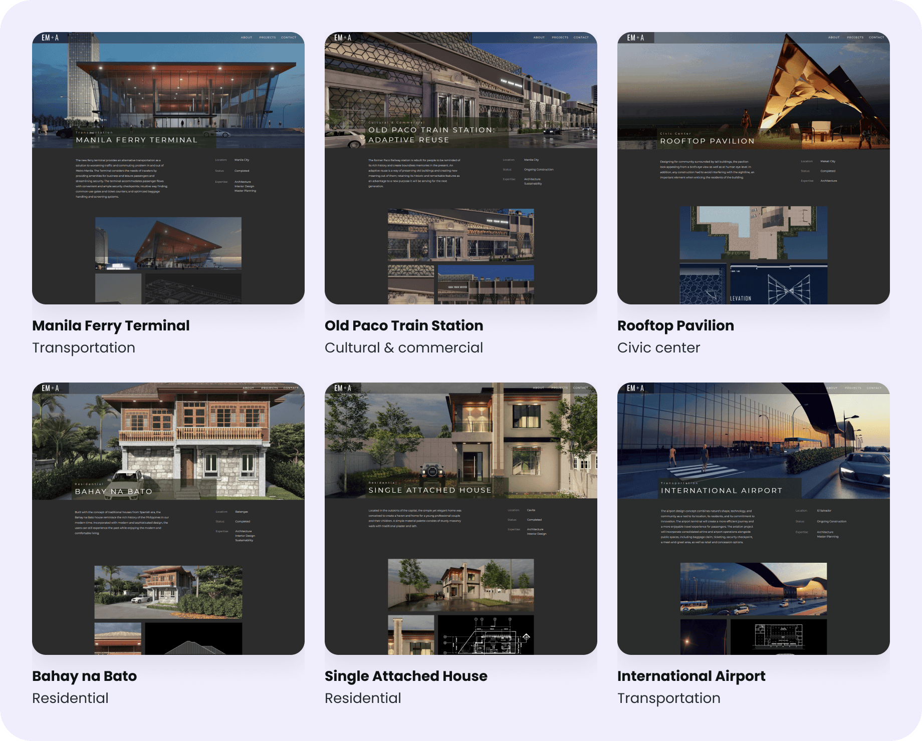 Six project pages from the same template: Manila Ferry Terminal (transportation), Old Paco Train Station (cultural and commercial), Rooftop Pavilion (civic center), Bahay na Bato (residential), Single Attached House (residential) and International Airport (transportation).