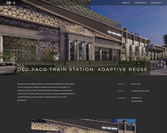 The top of the Old Paco Train Station project page: a large render with the project name, the story of the building, and the location, status and expertise on the right.