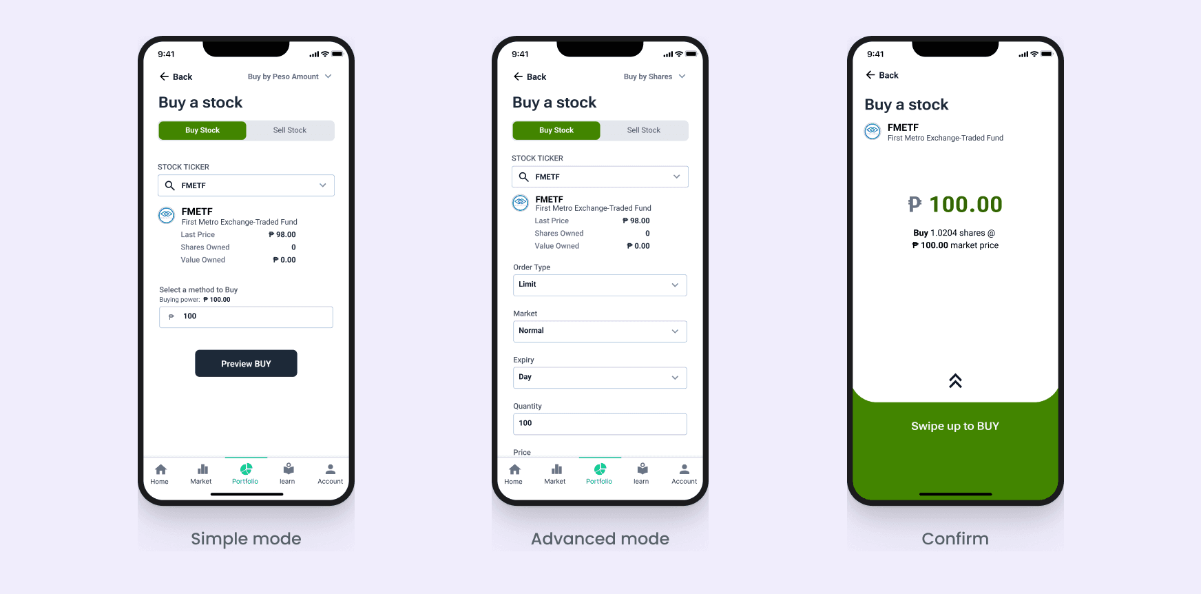 Three screens: simple mode, where users type an amount in pesos; advanced mode, with order type, market and expiry; and the confirm screen.