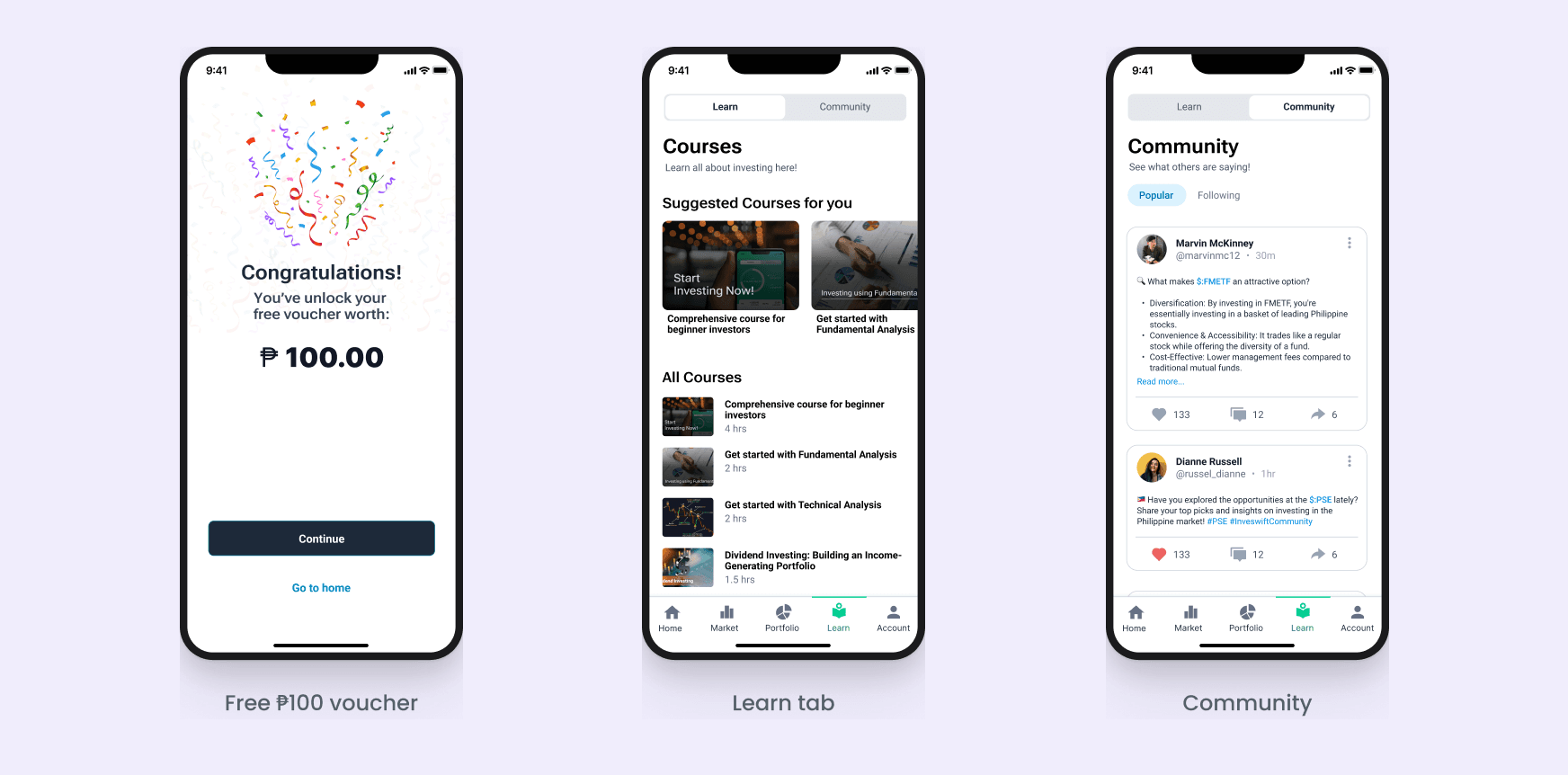 Three screens: the free ₱100 voucher, the Learn tab with courses for each level, and the Community tab.