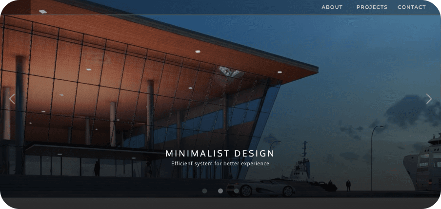 The final render of the Manila Ferry Terminal at dusk, used as the homepage hero with the words Minimalist Design.