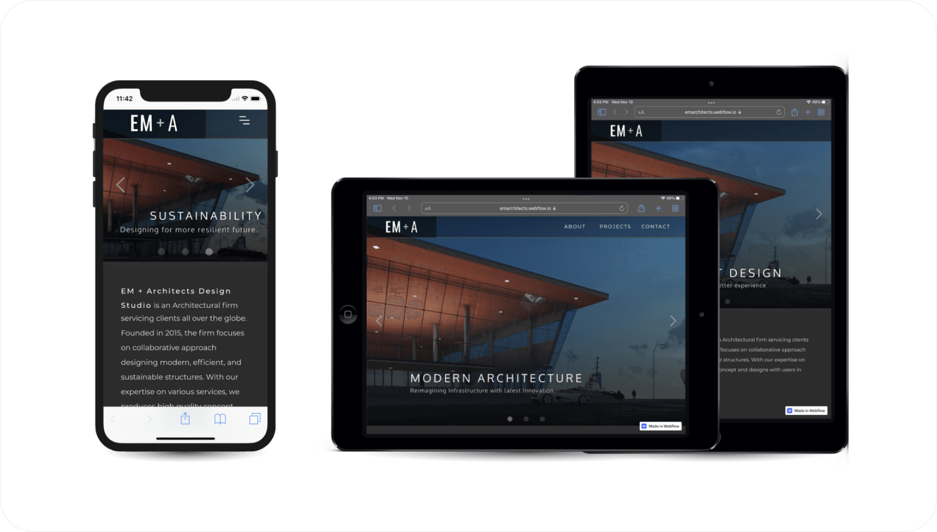 The site on a phone and two tablets, with the menu as a hamburger on the phone and the content in one column.