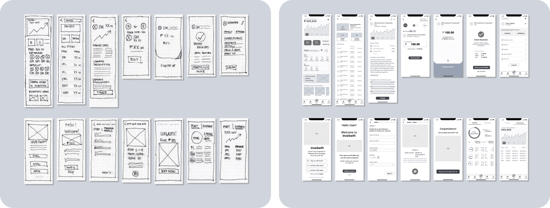 Paper sketches of the main screens next to grey low-fidelity wireframes of the same screens.