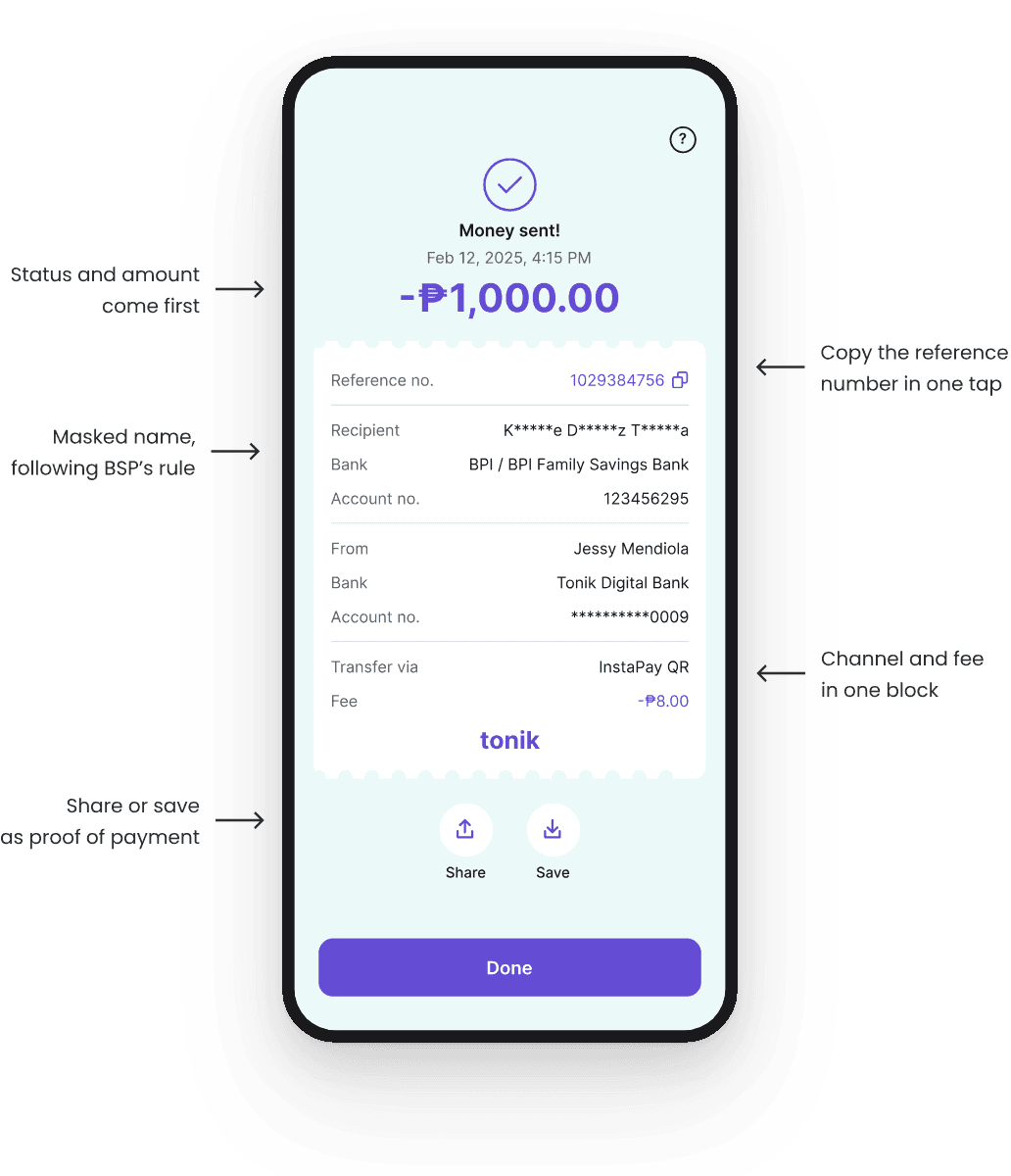 The new receipt with notes: status and amount come first, masked name following BSP’s rule, copy the reference number in one tap, channel and fee in one block, share or save as proof of payment.