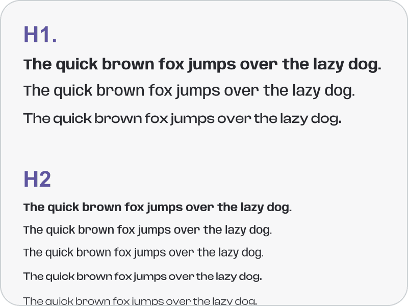 Type scale samples: H1 and H2 headings, each followed by the sentence 'The quick brown fox jumps over the lazy dog' in different weights.