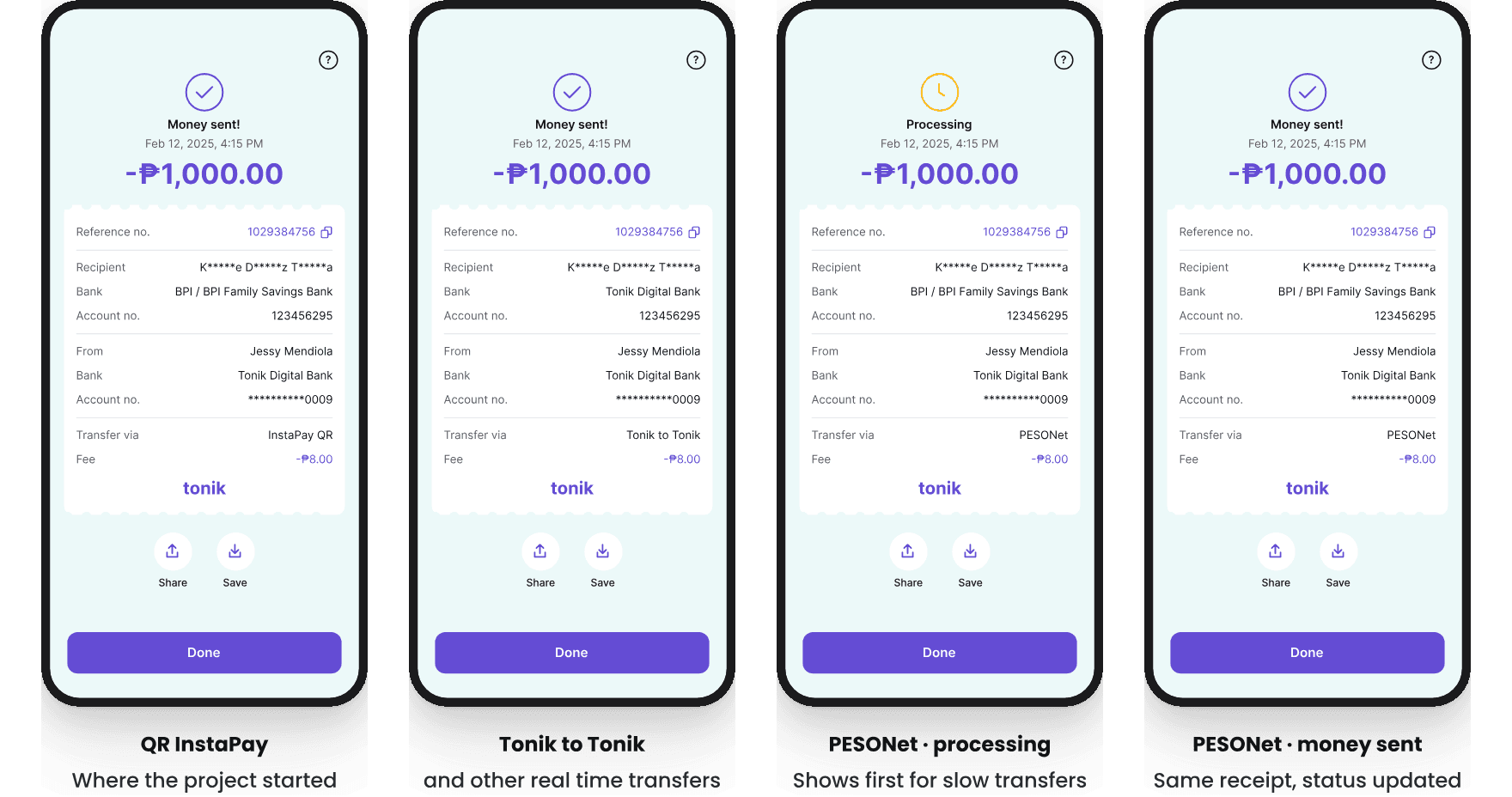 Four receipts with the same layout. QR InstaPay, where the project started. Tonik to Tonik and other real time transfers. PESONet processing, which shows first for slow transfers. PESONet money sent: same receipt, status updated.
